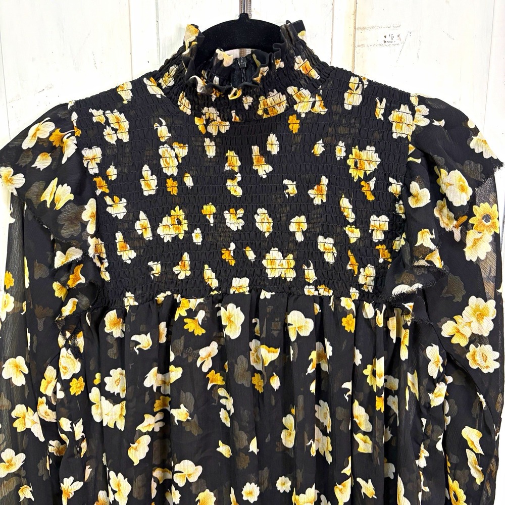 o.p.t Floral Smocked Ruffle Semi Sheer Chiffon Blouse S Black Dark Cottage Goth